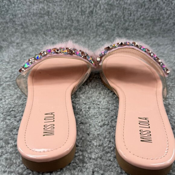 Faux Fur & Rhinestone Embellished Pink Slide Sandals Miss Lola Size 9 Slip On - Picture 13 of 16
